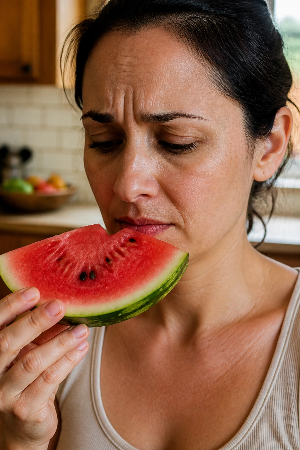 Watermelon Allergy: Can You Be Allergic To This Juicy Fruit? 1 Close-up of a person showing mouth itch beside a watermelon slice, illustrating watermelon allergy.