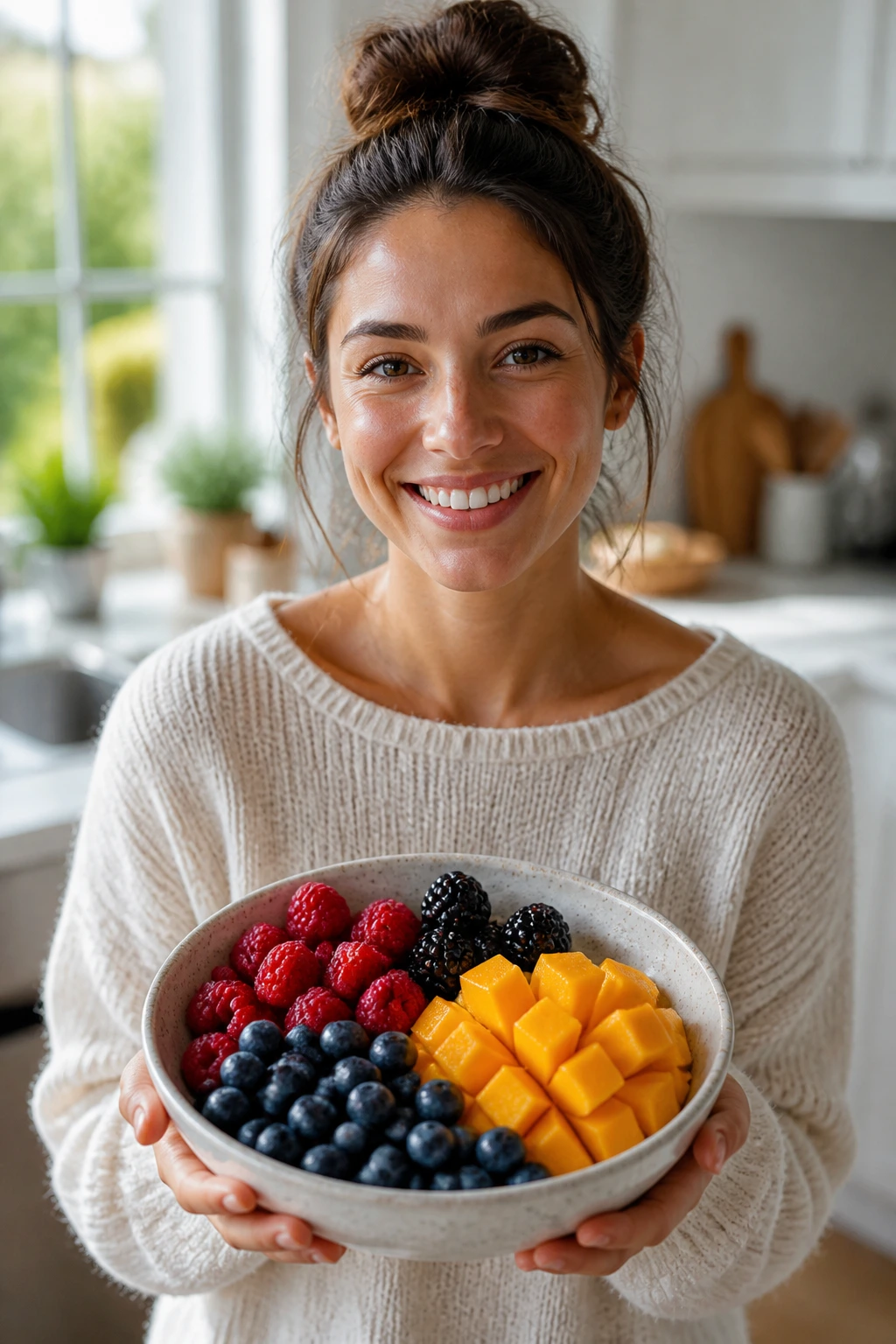 Watermelon Allergy: Can You Be Allergic To This Juicy Fruit? 6 Person smiling with a bowl of safe fruits, avoiding watermelon.