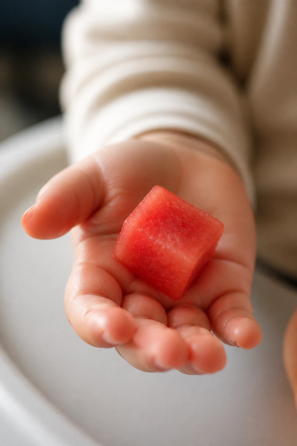 Seedless watermelon cube held by a baby's hand illustrating safe feeding.