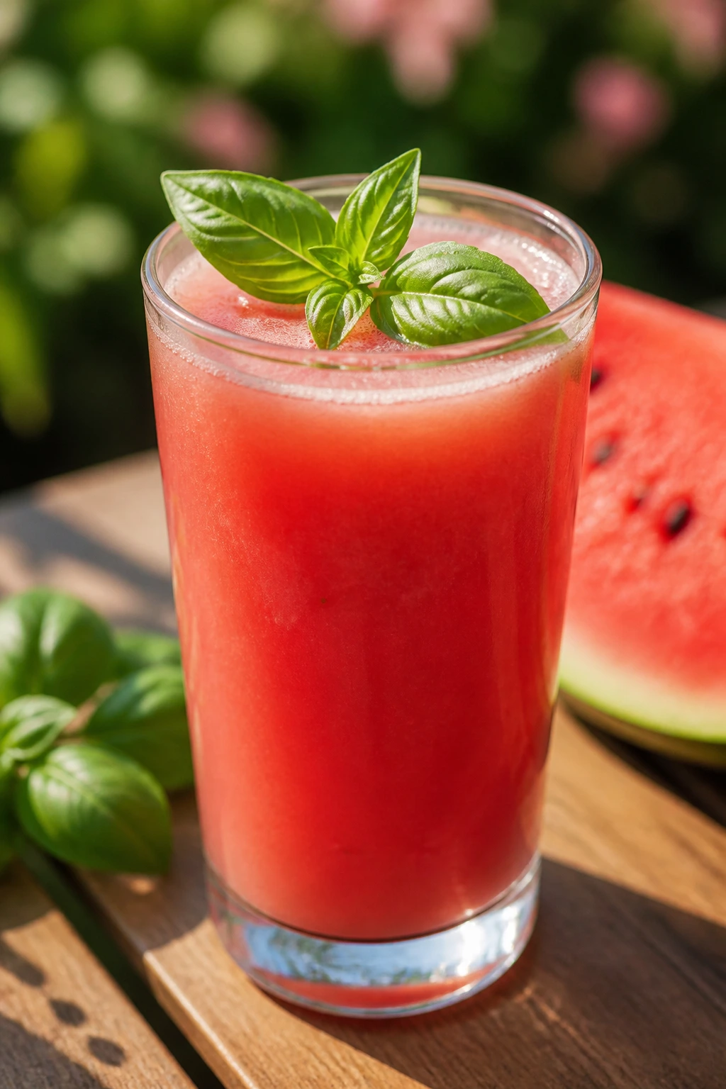 Close-up of a glass of Watermelon Basil Juice with pale pink hue.