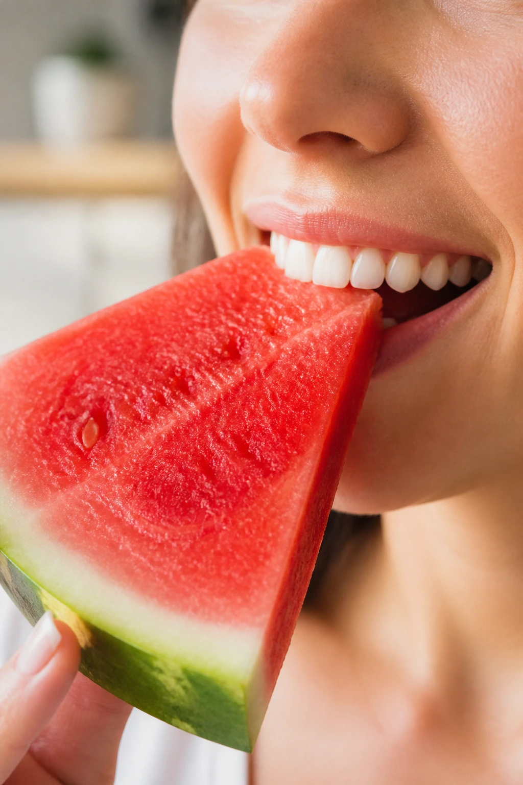 Close-up of a watermelon wedge near a smiling mouth suggesting bone and teeth health