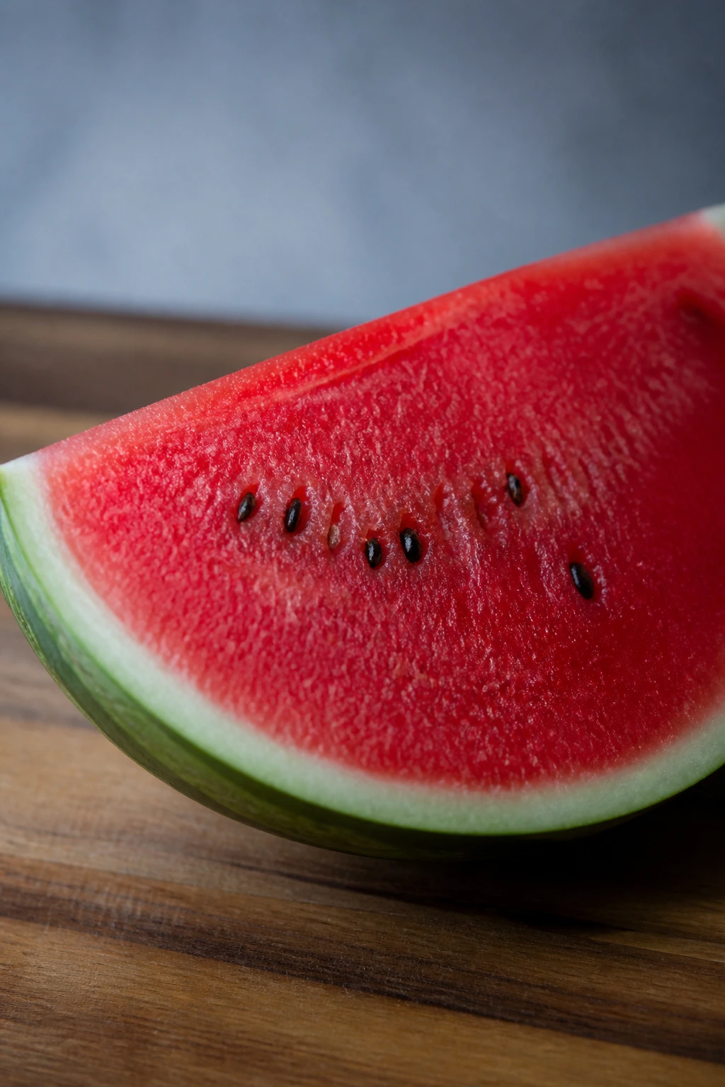 Watermelon slice on cutting board in a kitchen with cool lighting.