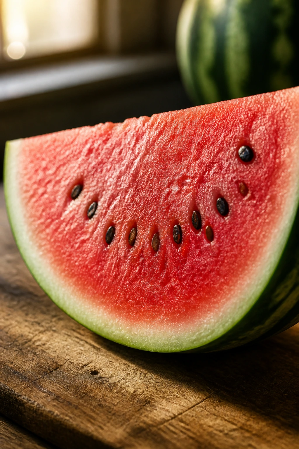 Can Gerbils Eat Watermelon? Let's Find Out 13 Close-up of a ripe watermelon wedge on a wooden cutting board with warm light