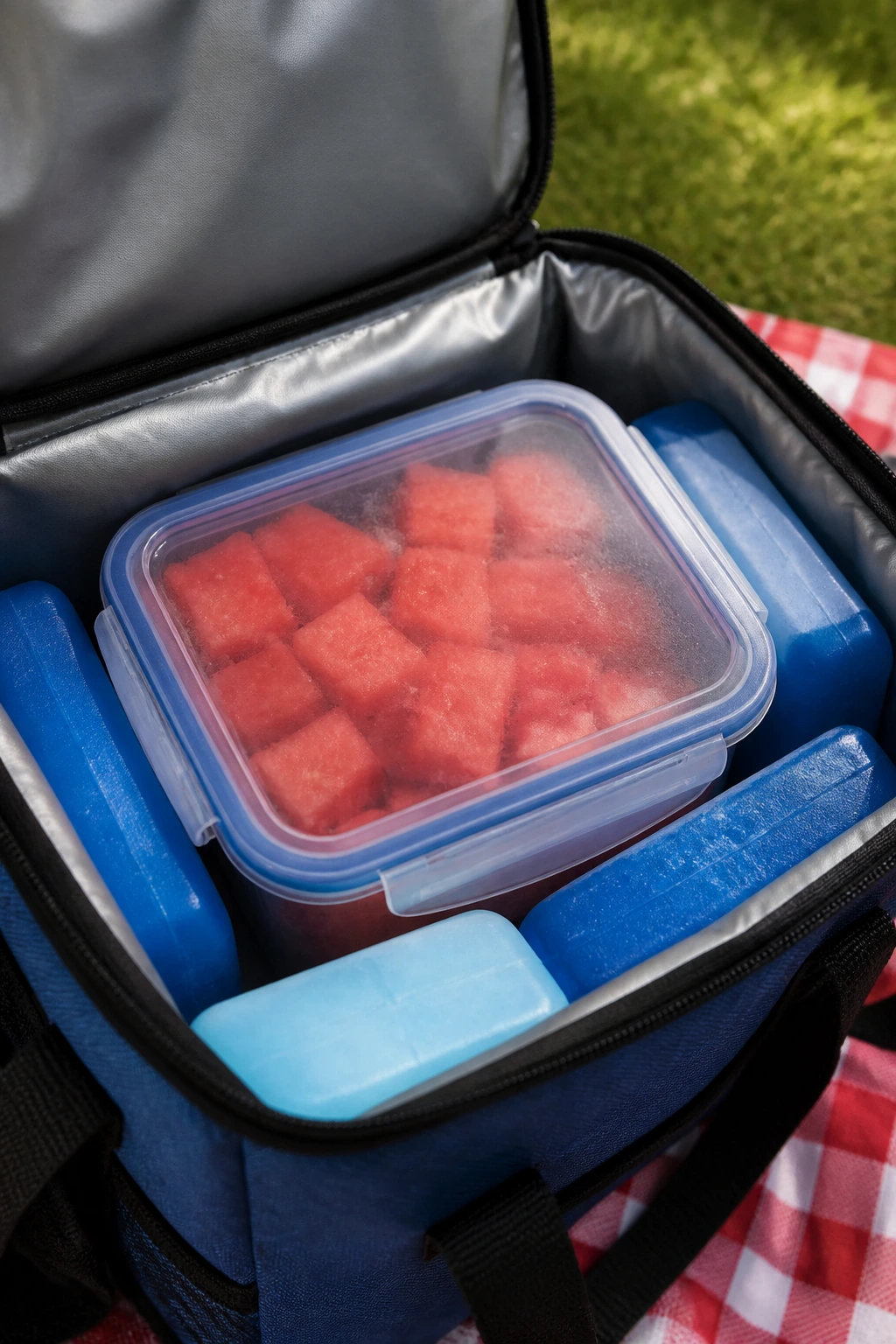 Sealed watermelon container inside a cooler with ice packs for travel