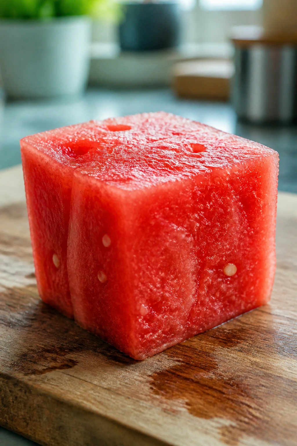 Can Gerbils Eat Watermelon? Let's Find Out 9 Watermelon cube on a wooden board with a kitchen background