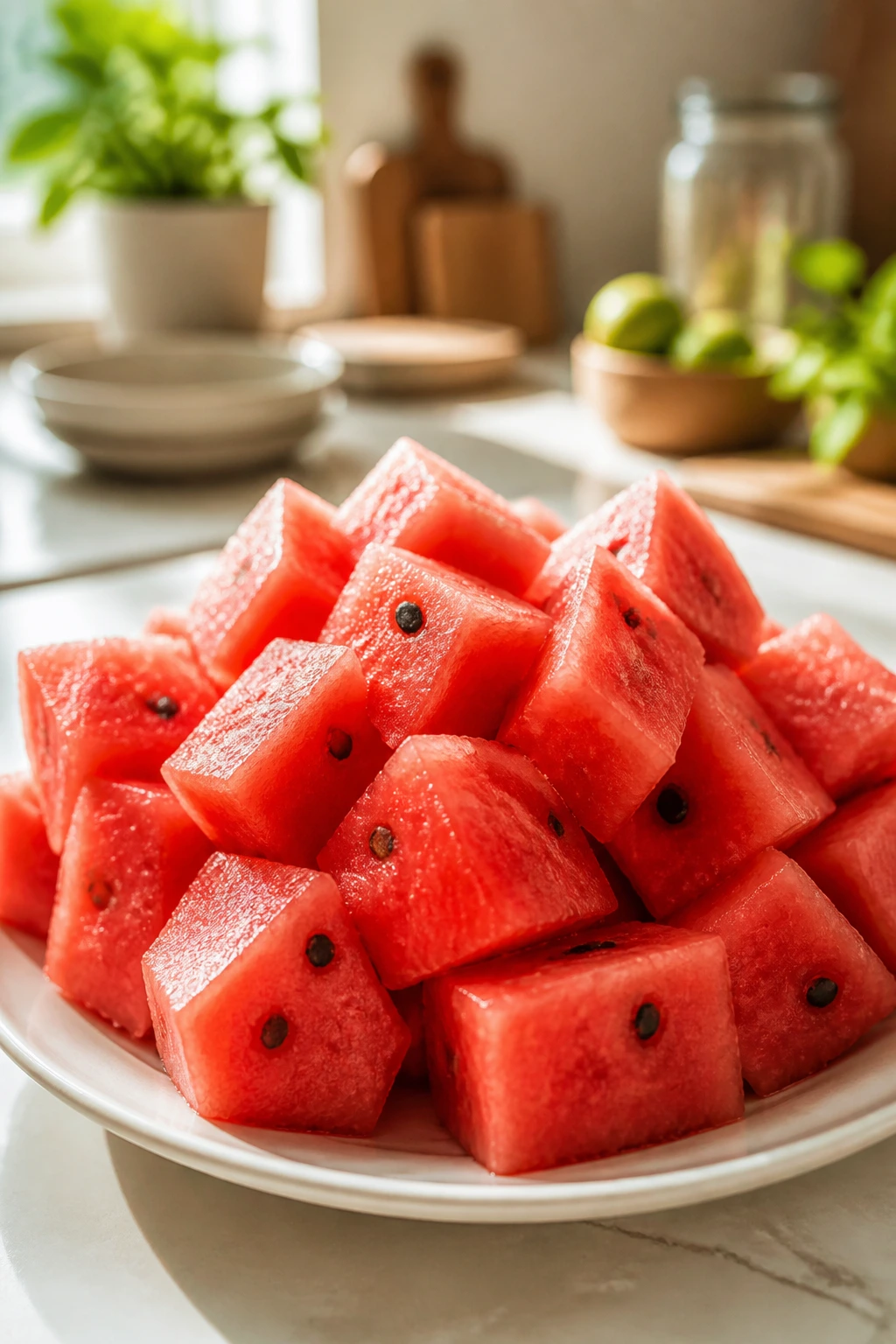 Juicy watermelon cubes on plate in a bright kitchen