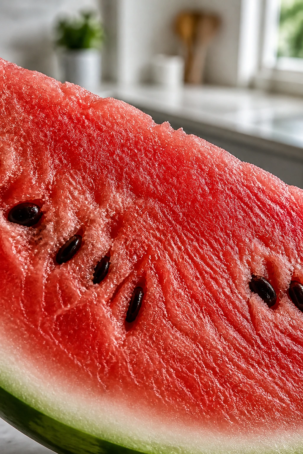 Close-up of a watermelon slice showing fibrous flesh in a bright kitchen.
