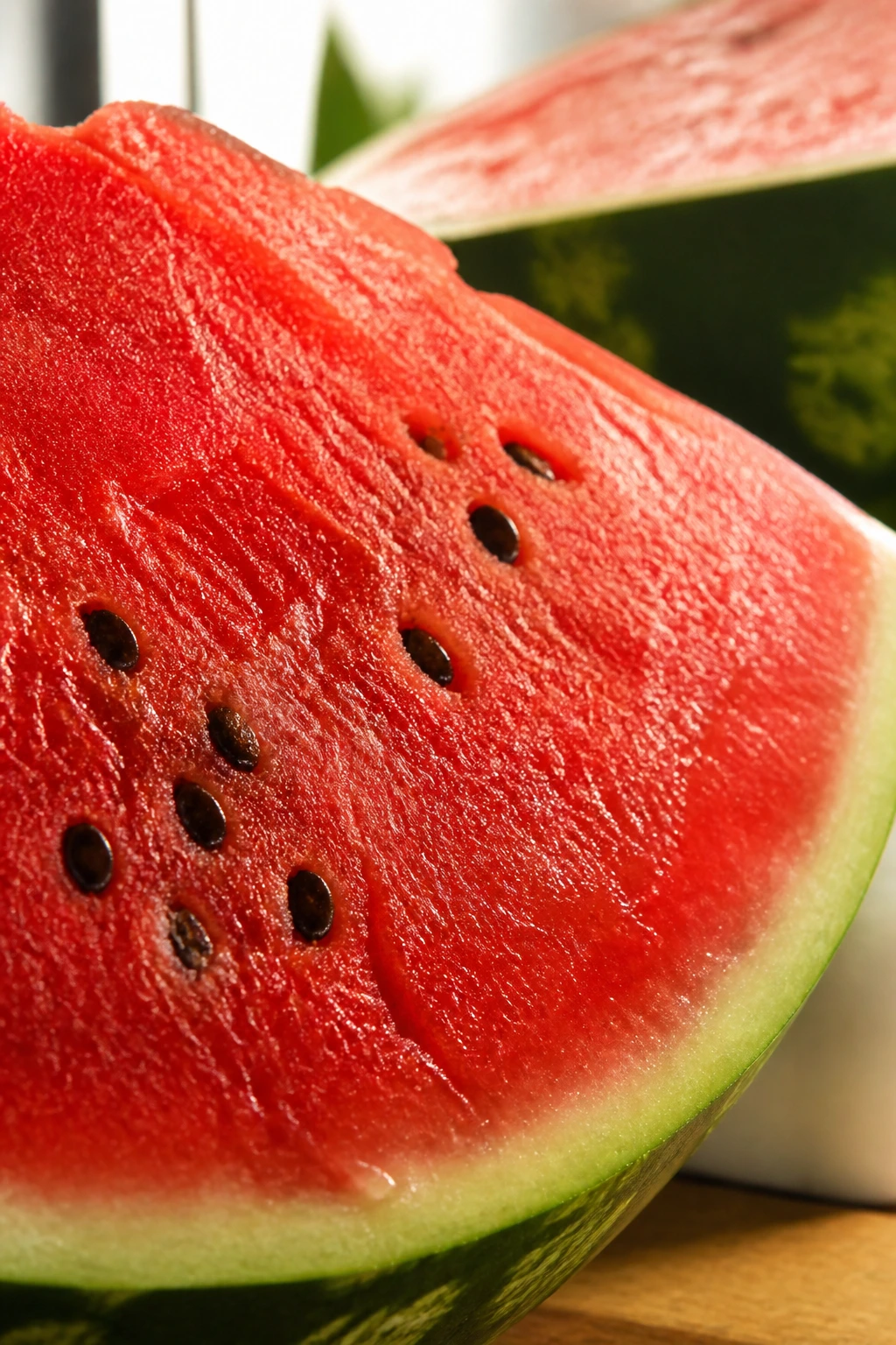 Is Watermelon Good For Erectile Dysfunction? Any Benefits? 2 Close-up of a watermelon wedge filling the frame in bright kitchen light