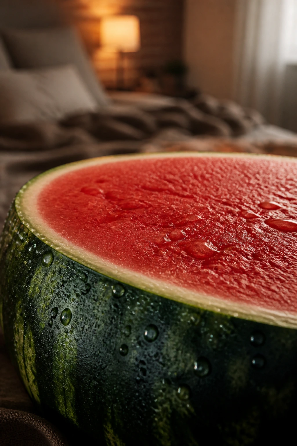 Halved watermelon with droplets and soft bedroom light in the background
