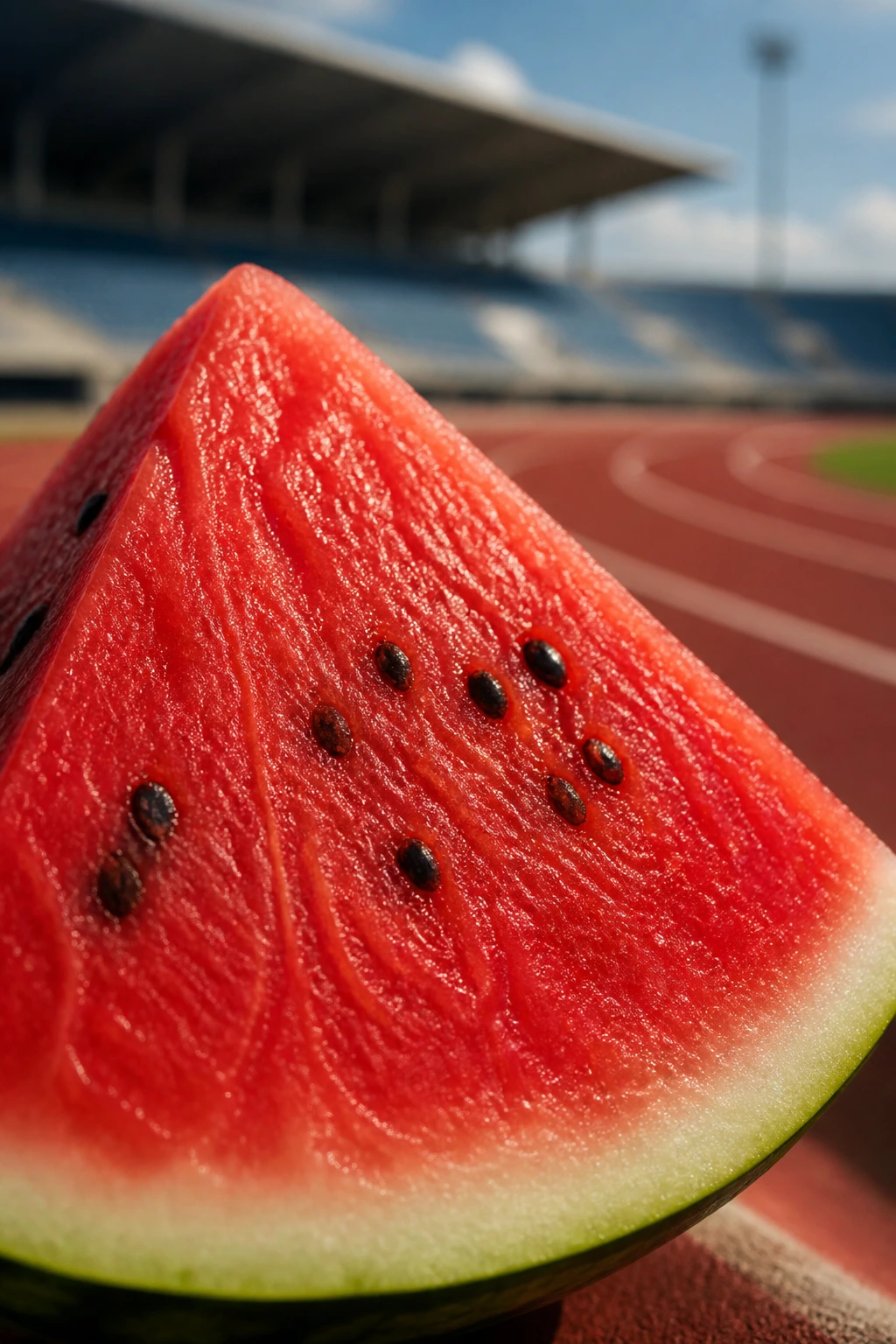 Watermelon wedge close-up with blurred running track background