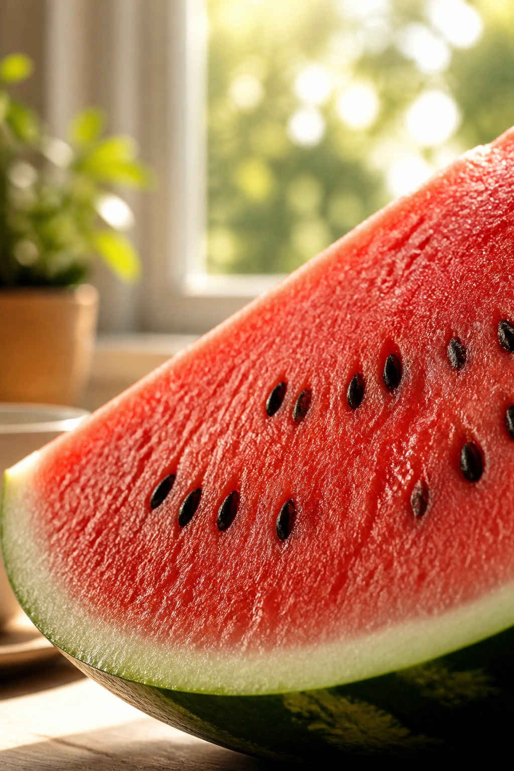 Close-up of a thick watermelon wedge in a sunlit breakfast nook.