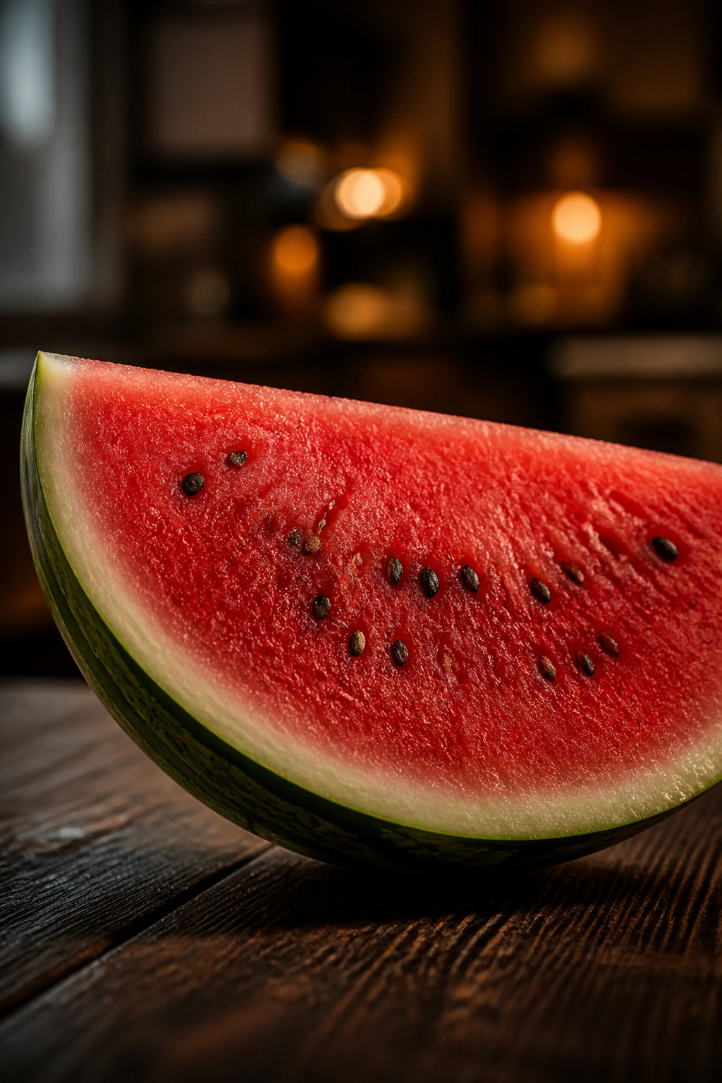 Close-up of watermelon wedge on dark wood surface