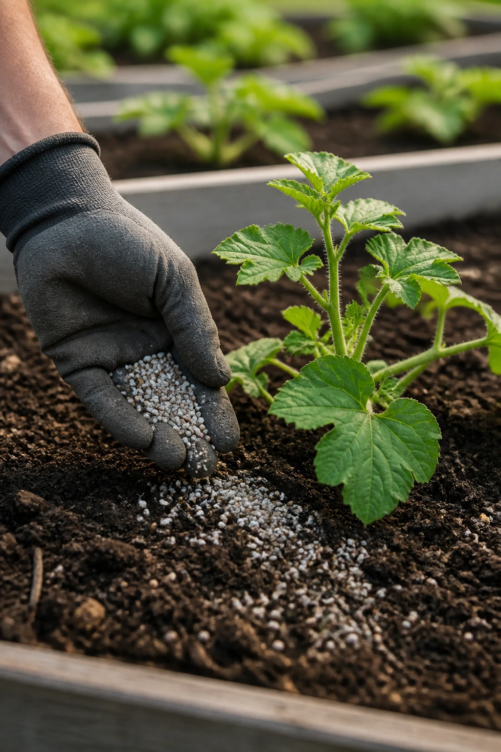 Gardener's Guide: The Best Fertilizer for Watermelons 7 Close-up of fertilizer being spread at the base of watermelon vines in a raised garden bed