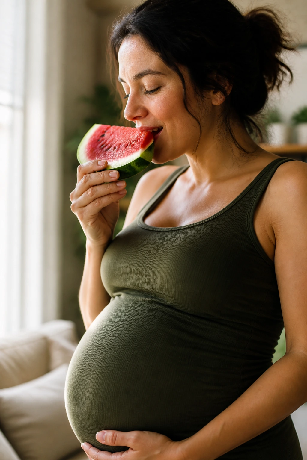 Pregnant woman enjoying a watermelon slice, symbolizing nutrients for fetal brain development