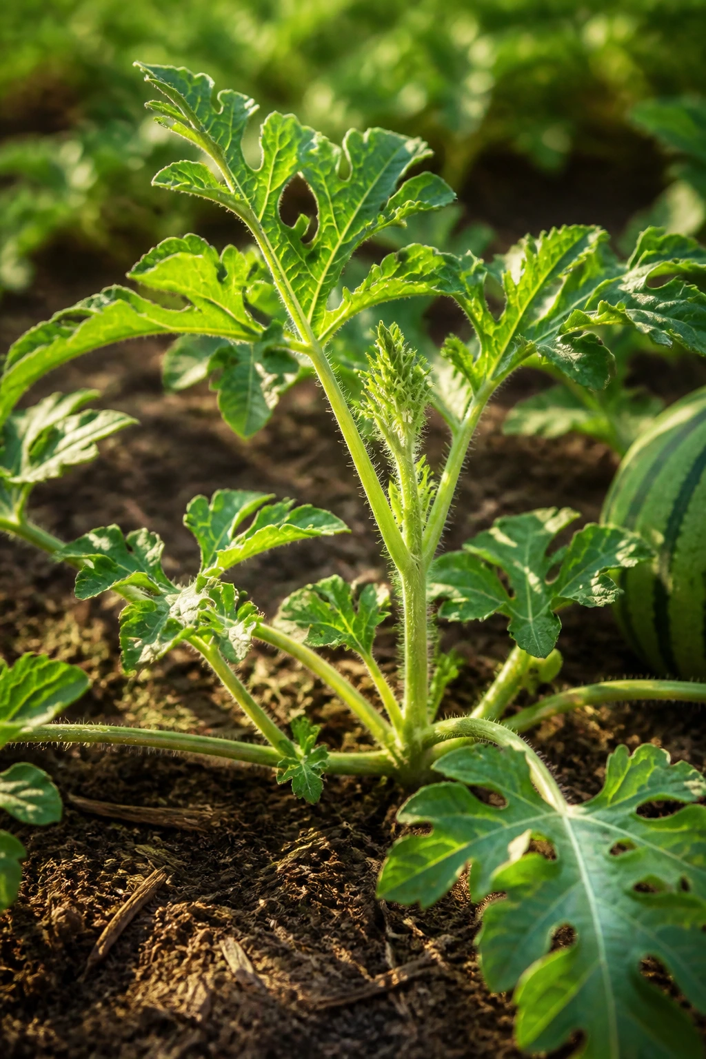 How To Prune Watermelon Plant: A Step-By-Step Guide 3 Young watermelon plant in a garden showing main stem and new growth