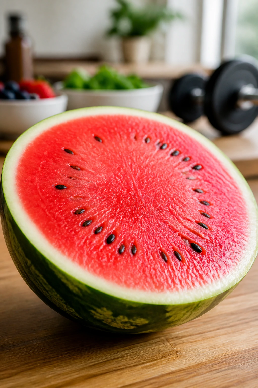 The Watermelon Effect: Are Watermelons Good For Weight Loss? 7 Close-up of a ripe watermelon half on a wooden counter with bright red flesh