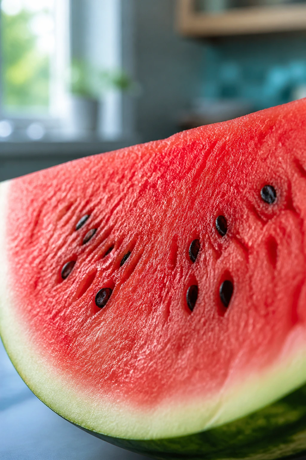 Close-up of a juicy watermelon wedge in a calm kitchen, suggesting cooling effect.