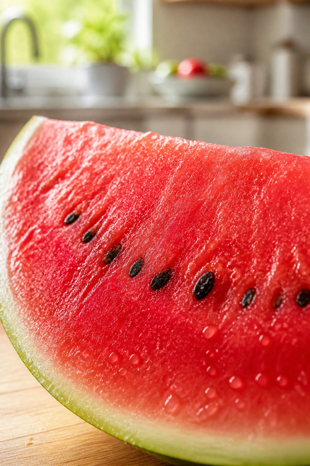 Close-up of a juicy watermelon slice in a sunlit kitchen, emphasizing hydration.