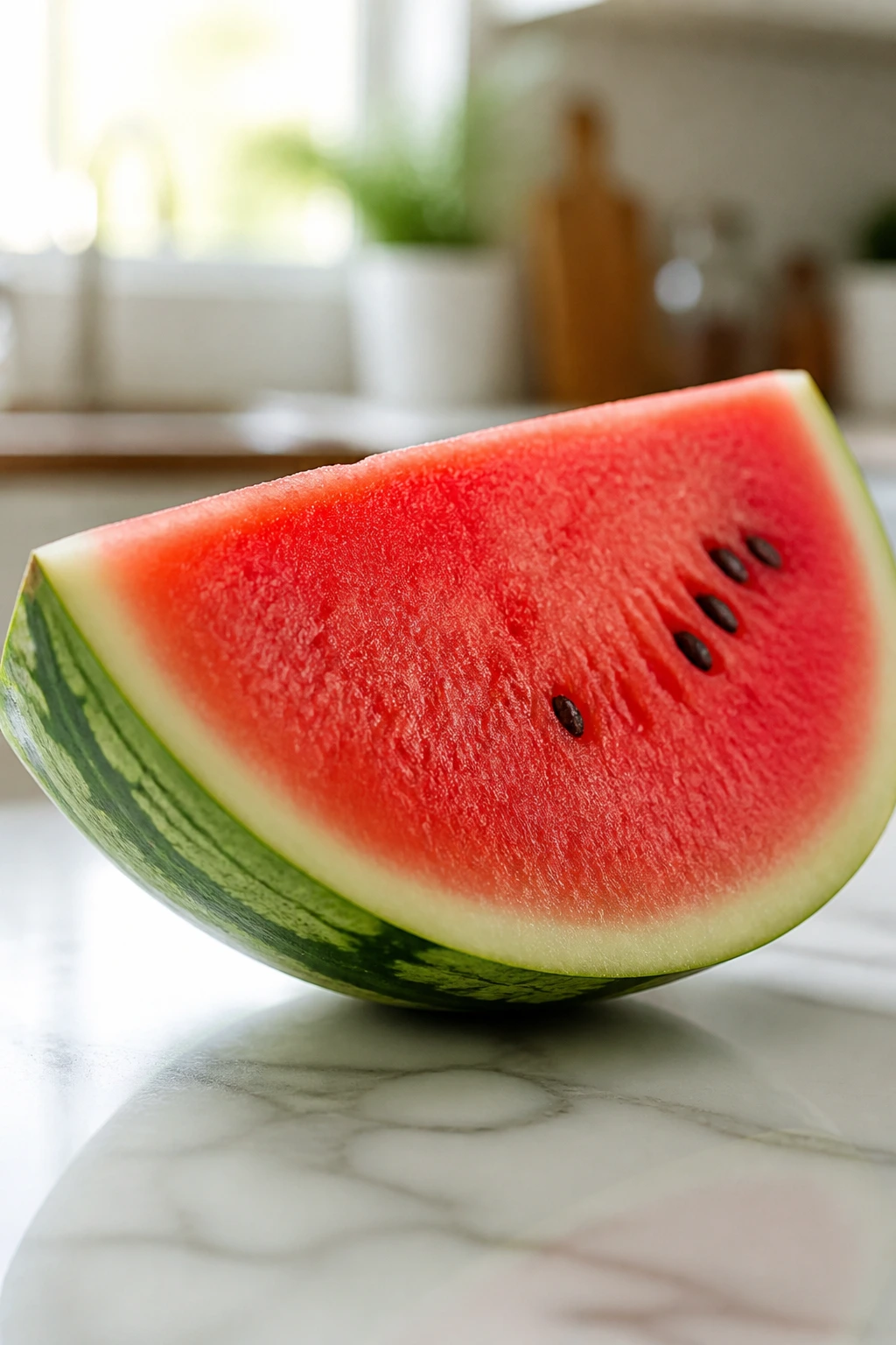 Close-up of a ripe watermelon wedge on a kitchen counter.