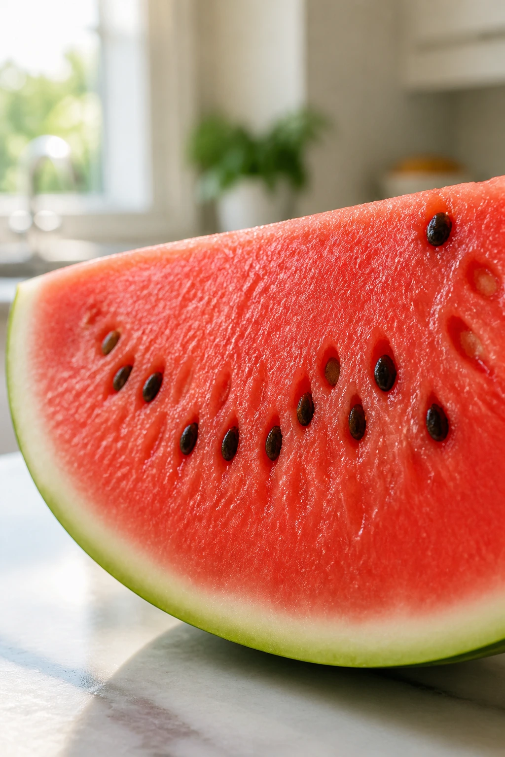 Juicy watermelon wedge in a bright kitchen