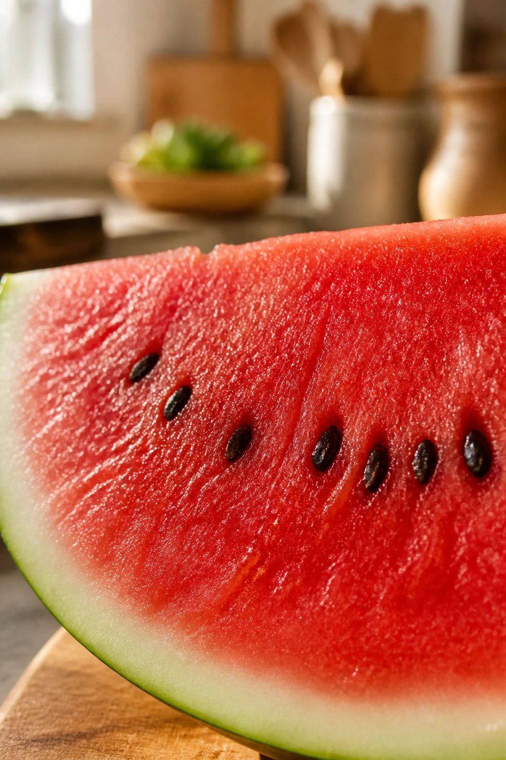 Close-up of a watermelon slice with red flesh and seeds in a warm kitchen.