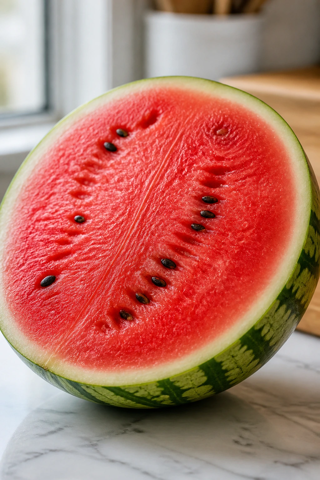 Close-up of ripe watermelon half on a kitchen counter