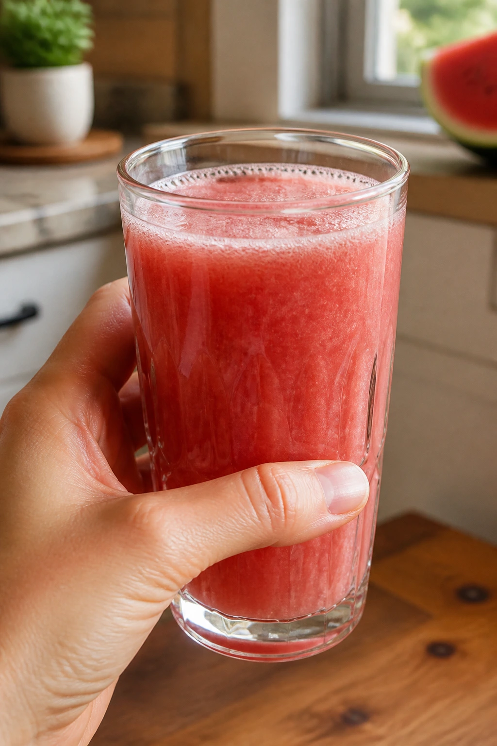 Close-up of a glass of watermelon juice in a hand, pink juice against a blurred kitchen background