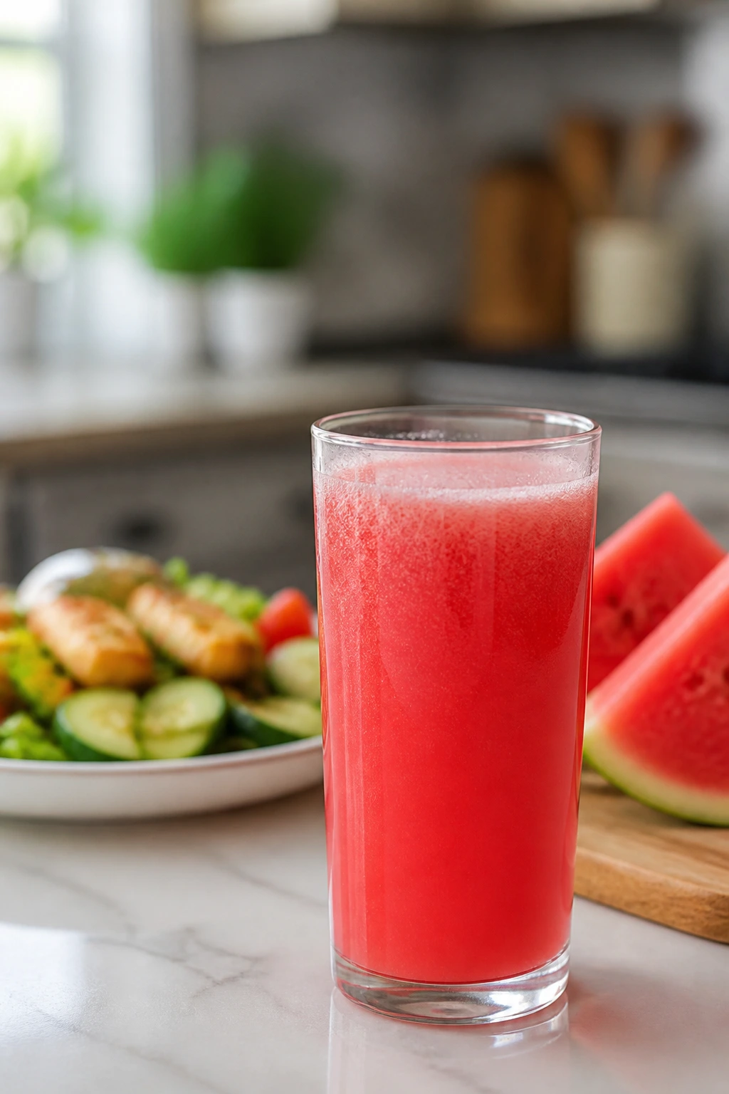 Glass of watermelon juice against a subtle healthy-food background to illustrate digestive health