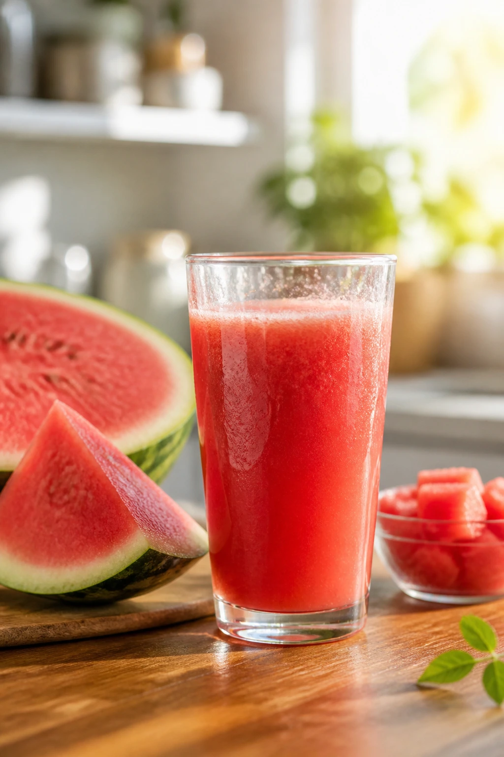 Glass of watermelon juice with gentle glow to imply soothing benefits