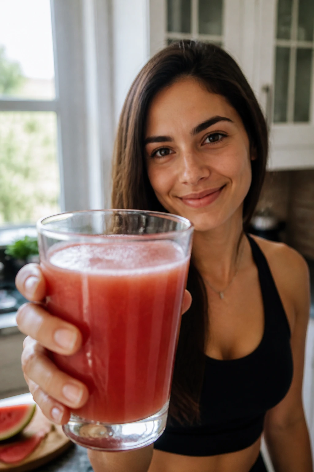 Real person holding a glass of watermelon juice, contemplating questions