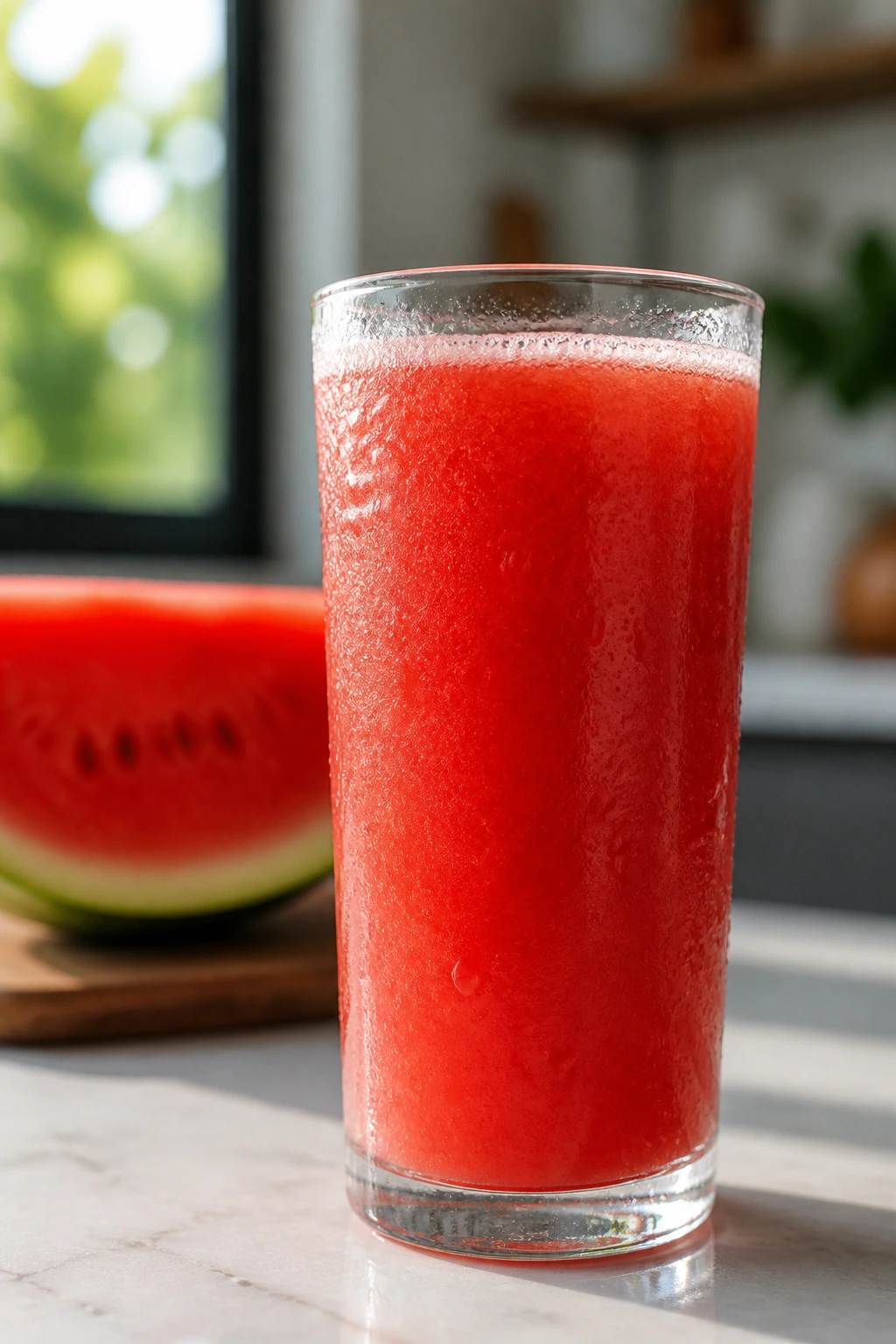 Close-up of a glass of watermelon juice in a kitchen setting
