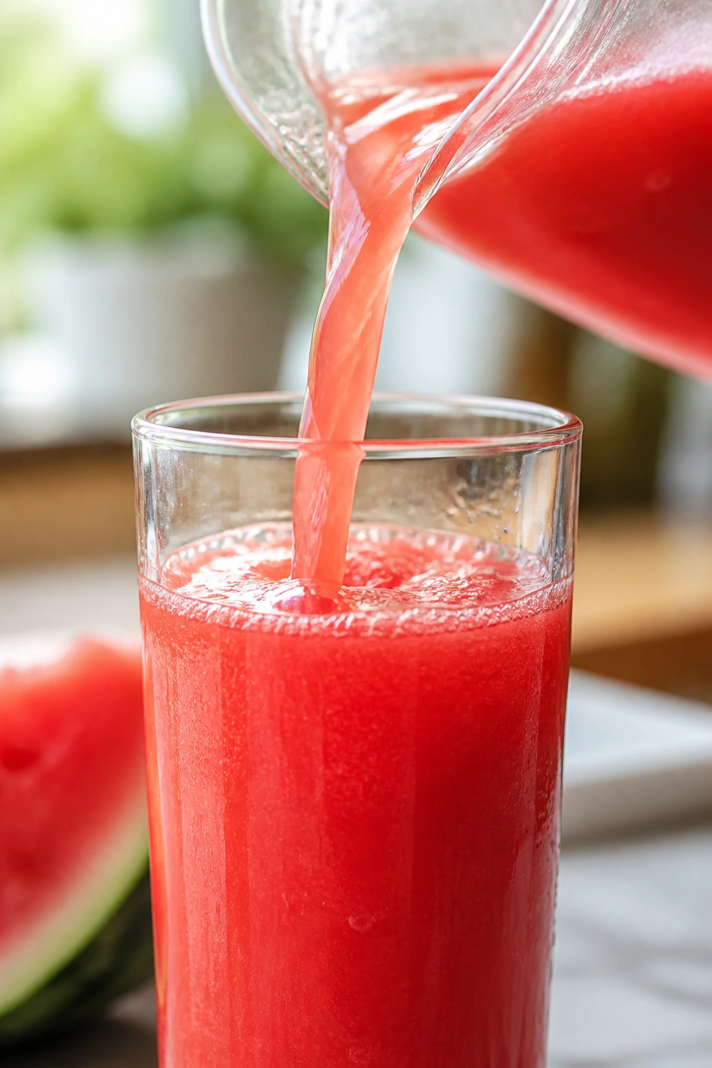 Slow pour of watermelon juice into a glass in a bright kitchen