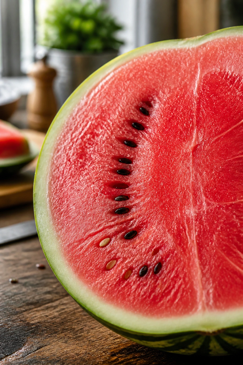 Is Watermelon Good For Your Liver? All You Need To Know 1 Close-up of a watermelon half on a wooden surface highlighting liver-friendly nutrition