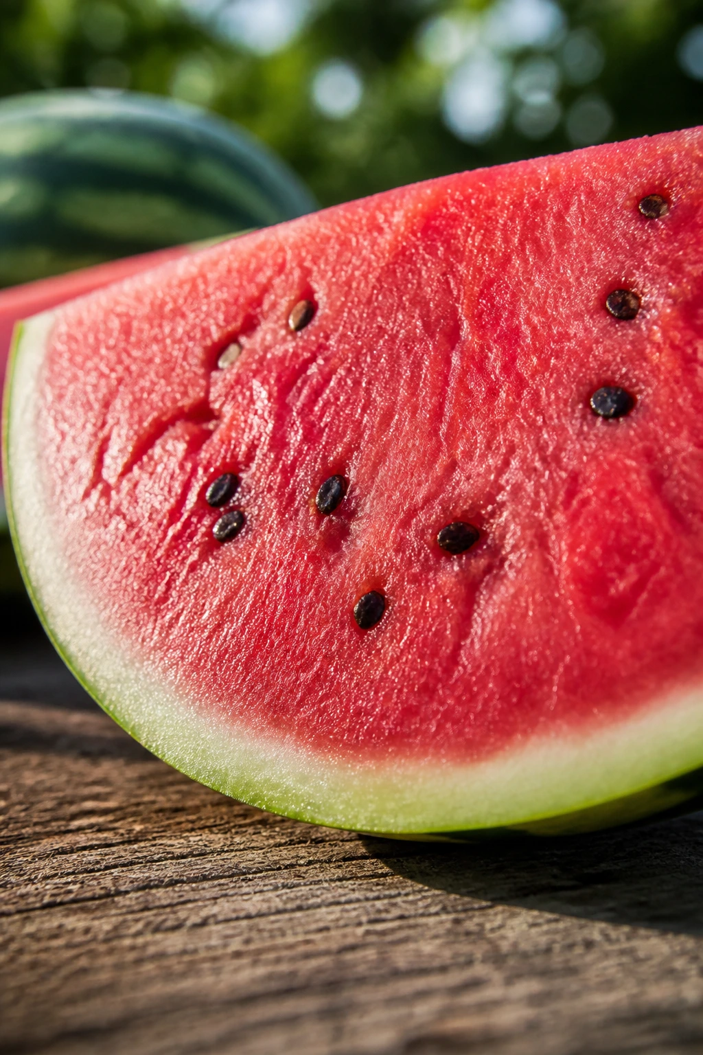 Close-up of watermelon wedge showing red flesh