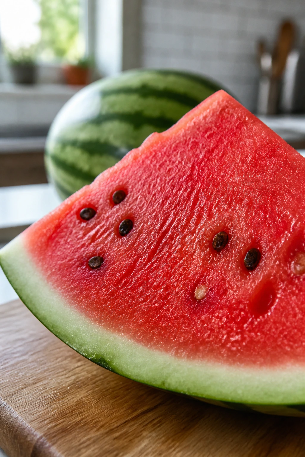 The Watermelon Effect: Are Watermelons Good For Weight Loss? 5 Close-up of a watermelon slice on a cutting board in a bright kitchen