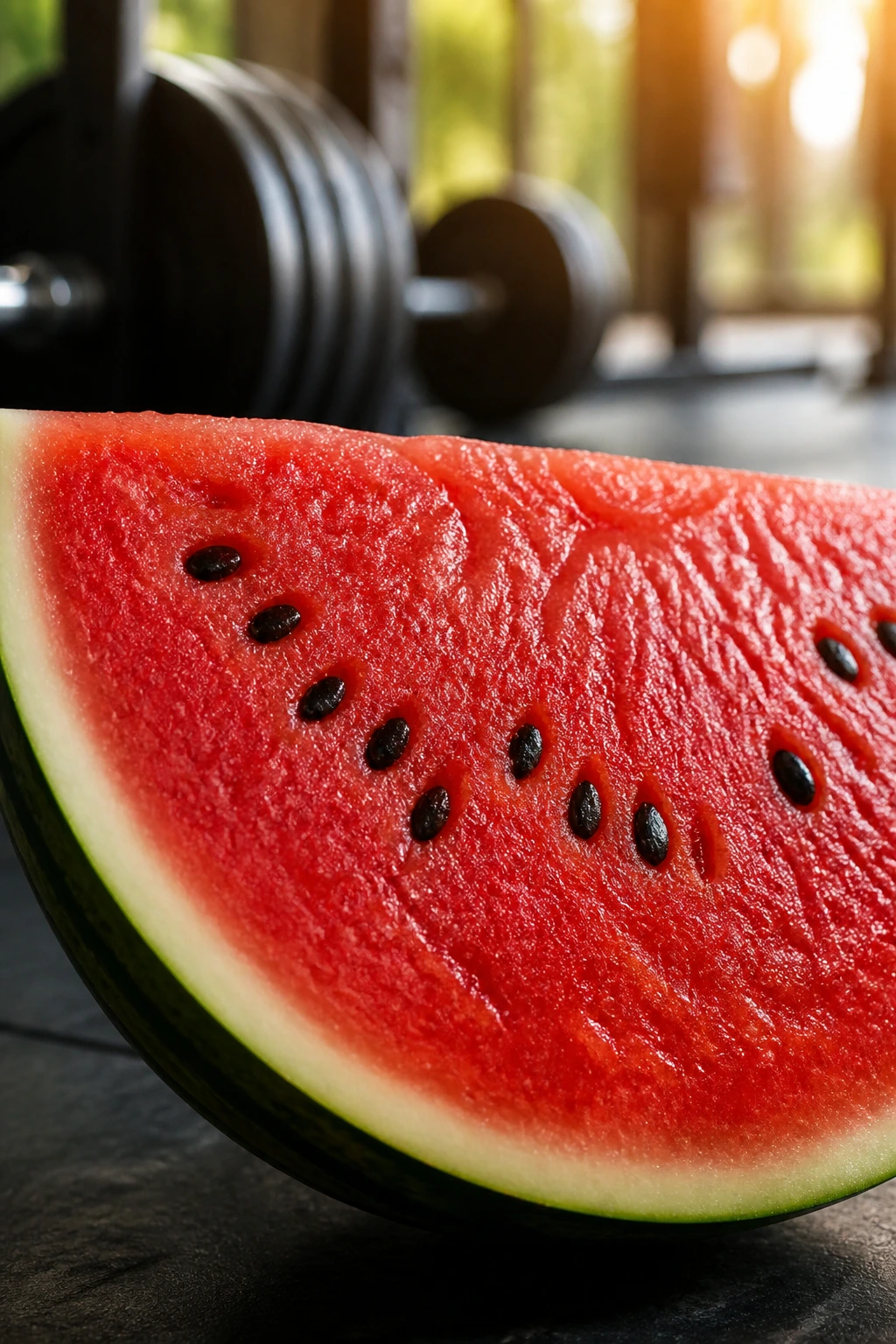 Close-up of a watermelon slice with red flesh and rind against a gym backdrop