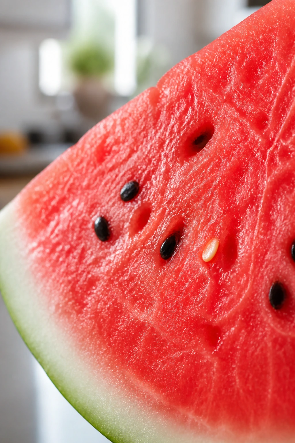 The Watermelon Effect: Are Watermelons Good For Weight Loss? 2 Macro close-up of watermelon flesh and seeds on a sunny kitchen counter