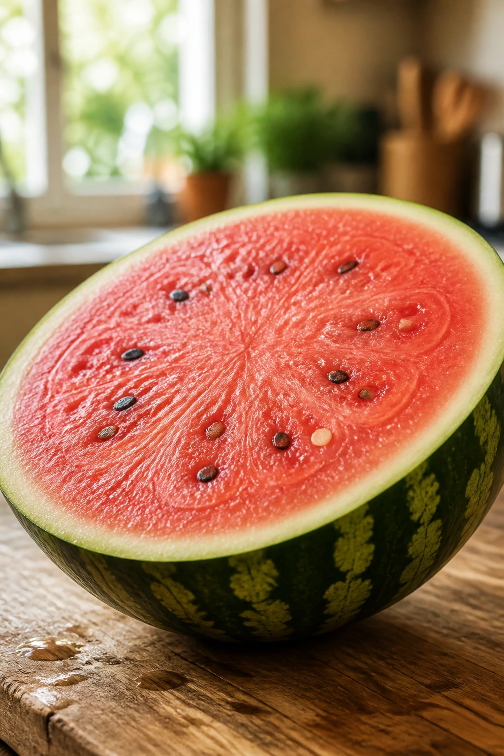 Is Watermelon Good For Arthritis Patients? 1 Close-up of watermelon half with pink flesh on wooden cutting board in bright kitchen