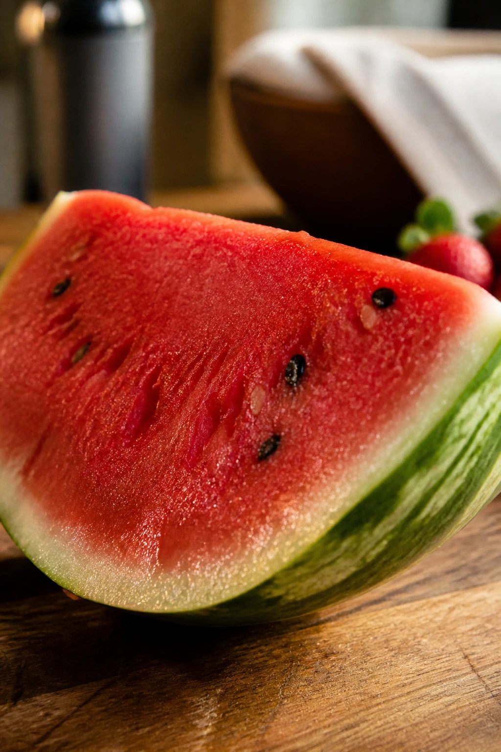 Is It Good To Eat Fruit Before & After A Workout? 4 Watermelon slice on a wooden board ready for post-workout snack.