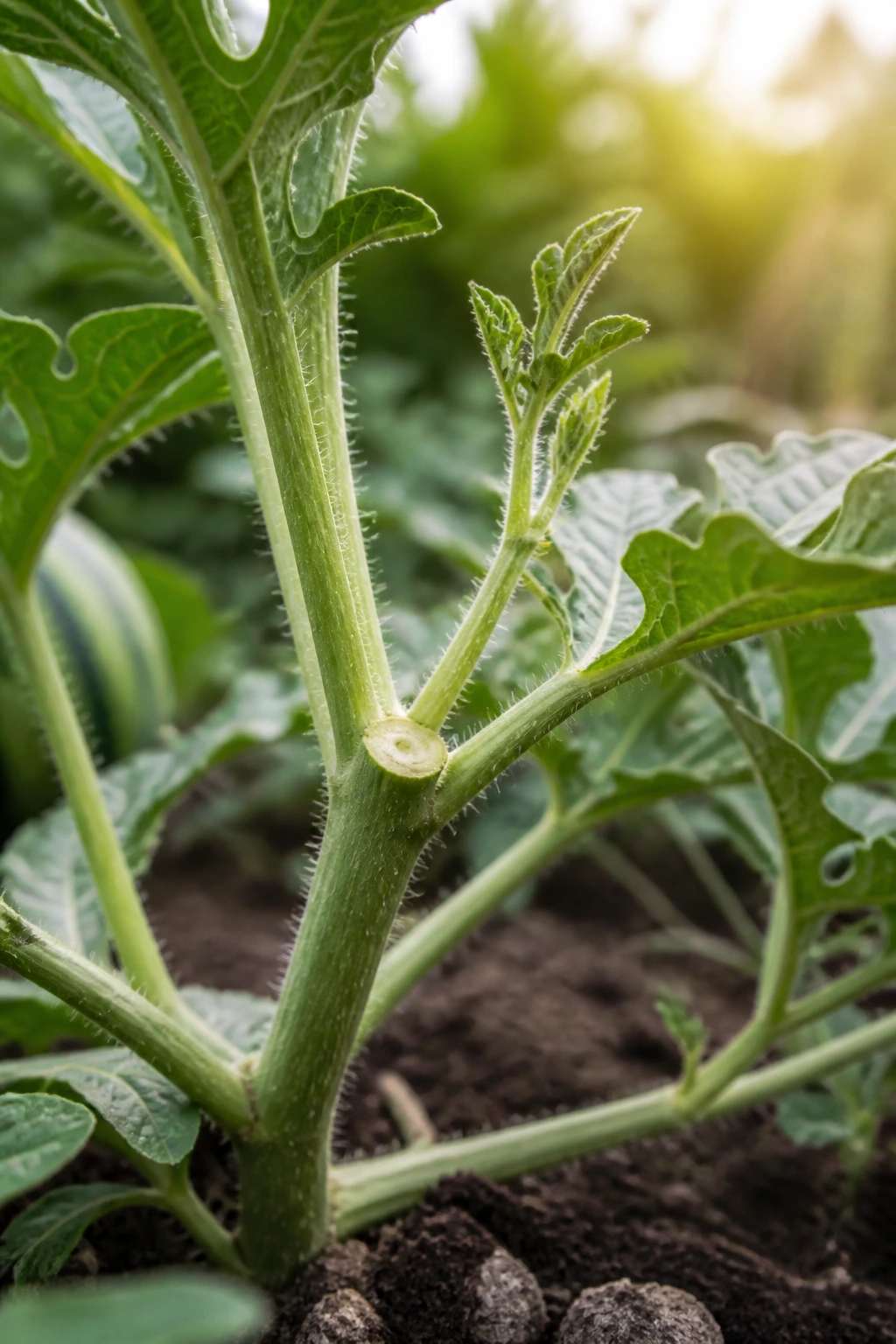 How To Prune Watermelon Plant: A Step-By-Step Guide 2 Close-up of pruning a watermelon plant on the main stem with a cut at a node