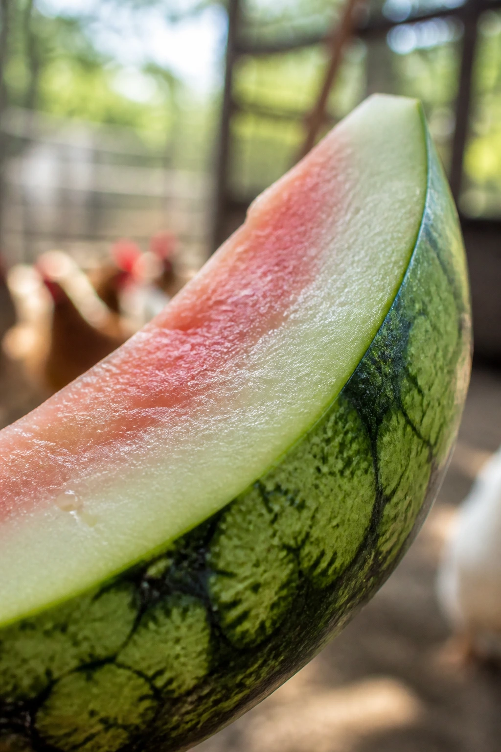 Close-up of watermelon rind illustrating hydration and nutrition benefits for chickens