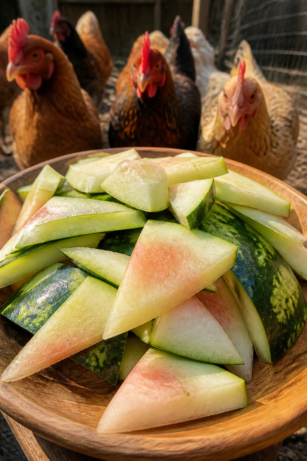 Rind pieces ready to feed chickens in a sunny backyard setting