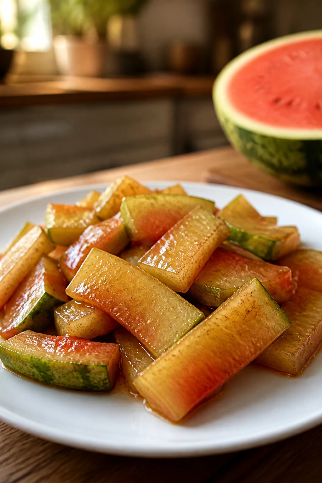 Cooked watermelon rind pieces on a plate