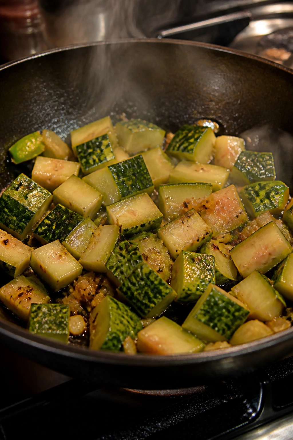 Watermelon rind pieces cooking in a skillet