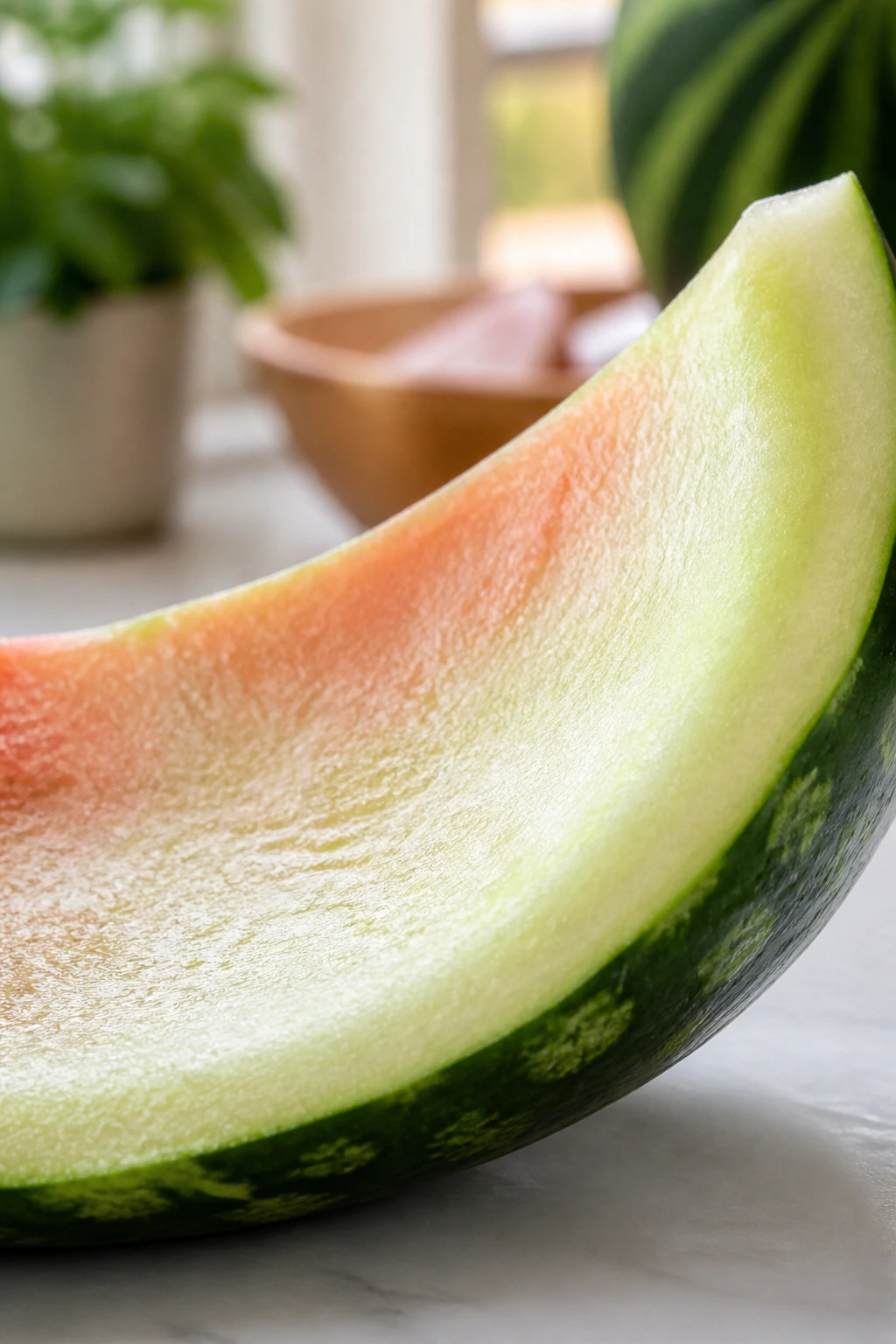 Watermelon rind wedge on a bright kitchen counter.