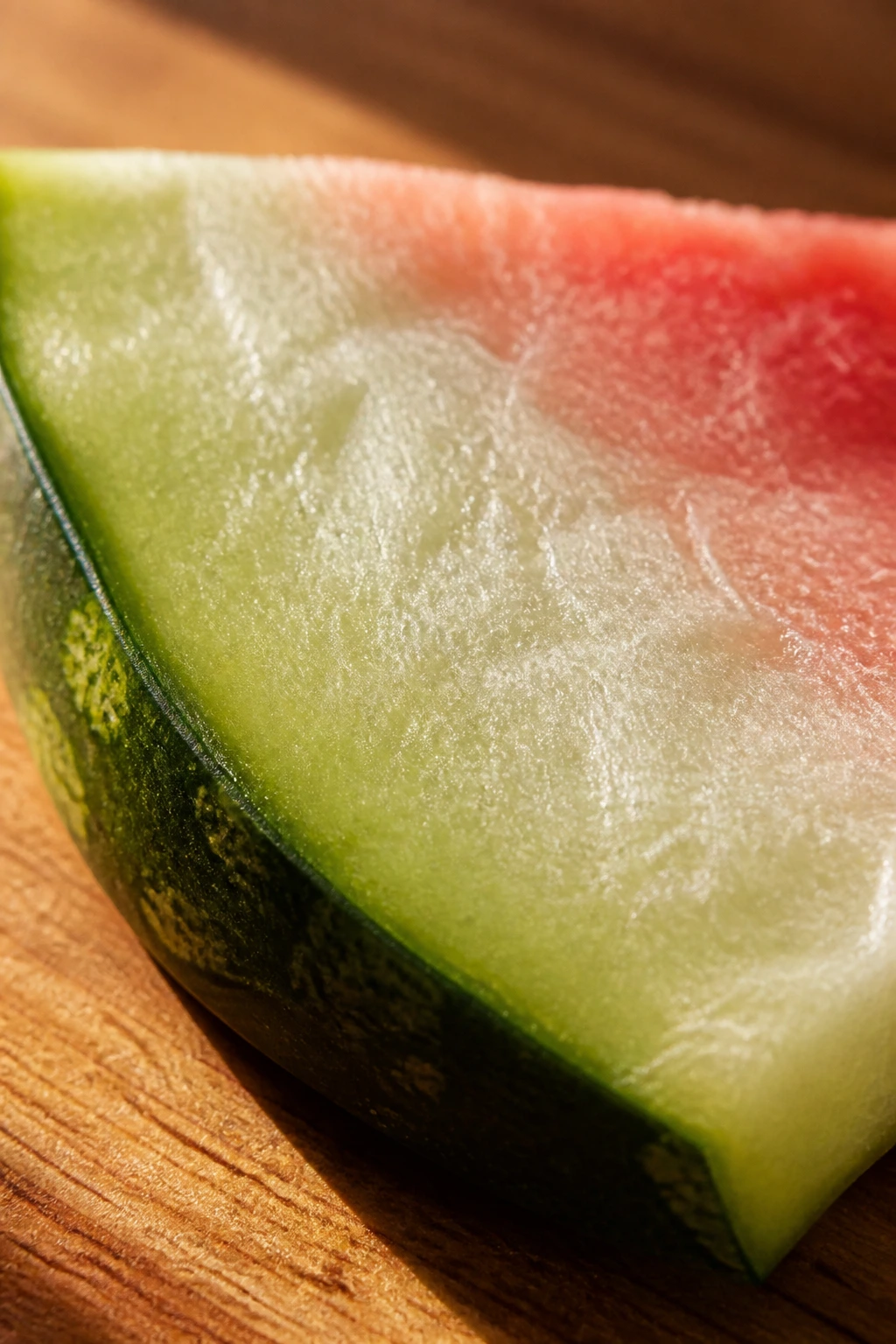 Rind slice on wooden surface with warm light.