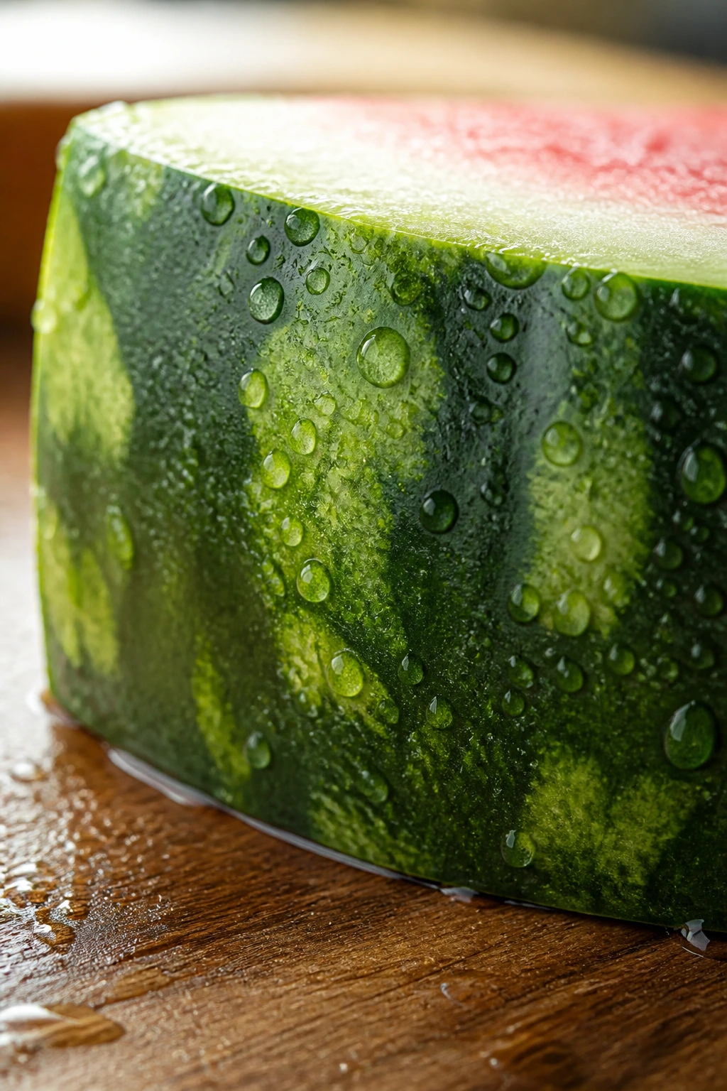 Watermelon rind with moisture droplets on the surface.