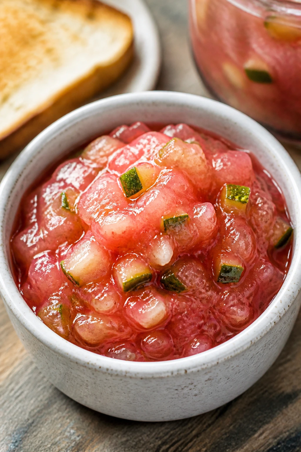 Dish of pink watermelon rind jam with green rind bits.