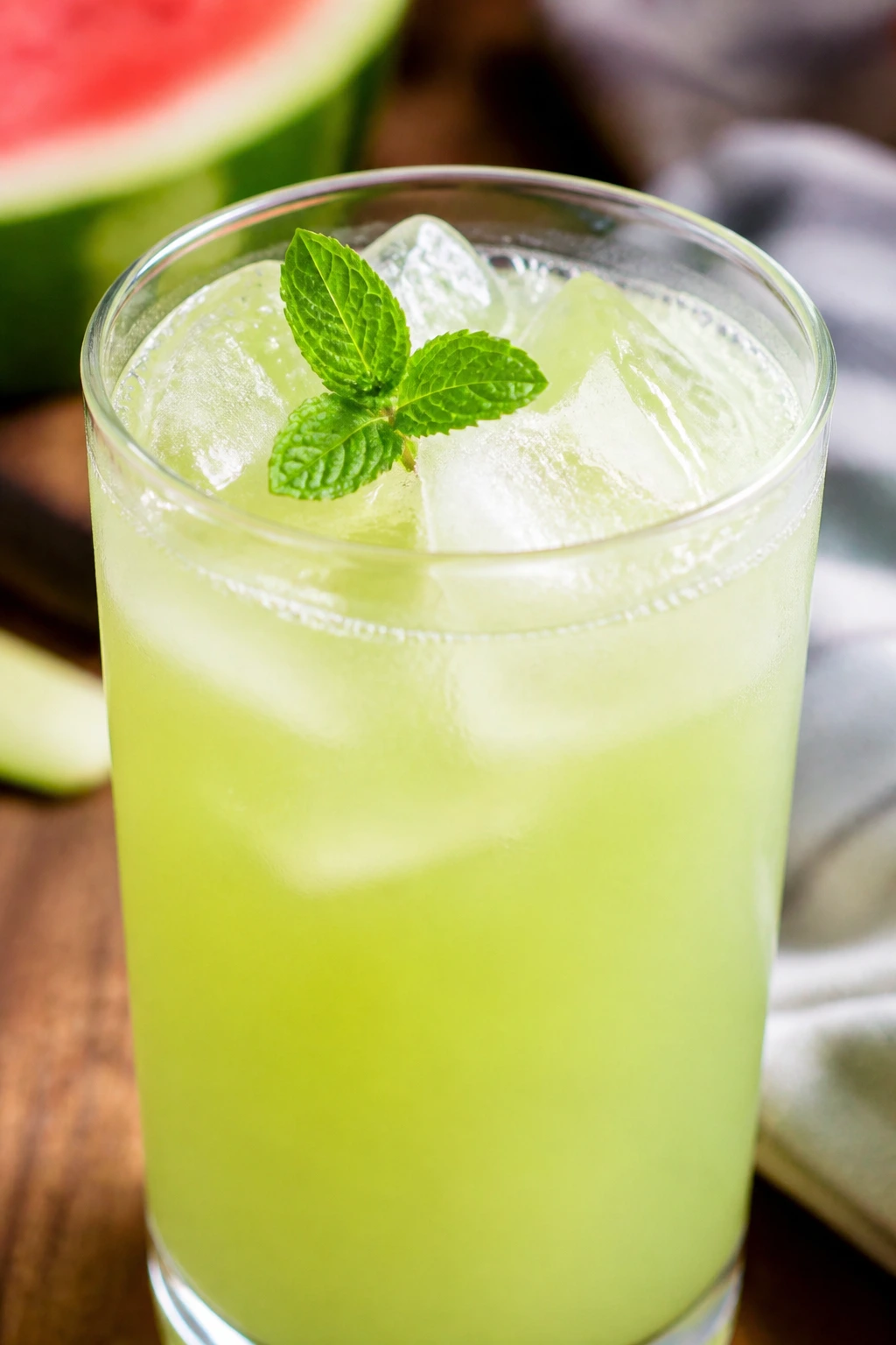 Glass of watermelon rind juice on a wooden counter with mint.
