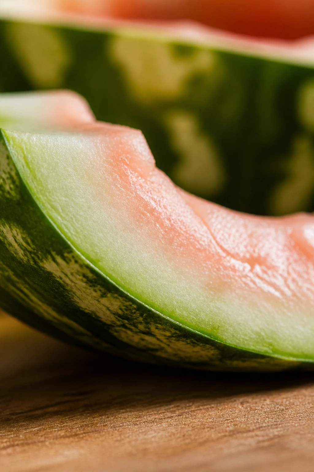 Close-up of watermelon rind slice on a kitchen counter showing green skin and pale inner rind.